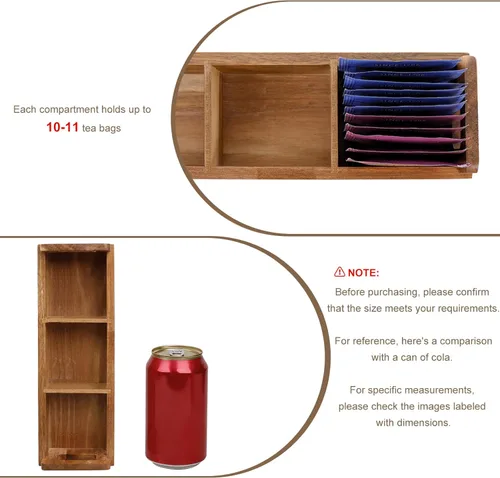 Vista 3 de HTB Caja Pequeña de Bolsitas de Té de Madera, 3 Compartimentos, Cofre de Bolsitas de Té de Madera de Acacia con Asa, Mini Contenedor