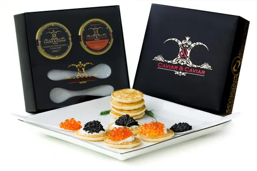 C&C - Cesta de regalo de caviar gourmet de lujo "americano", esturión premium de 1 onza, 1 onza de huevas de keta de salmón fresco de Alaska *2