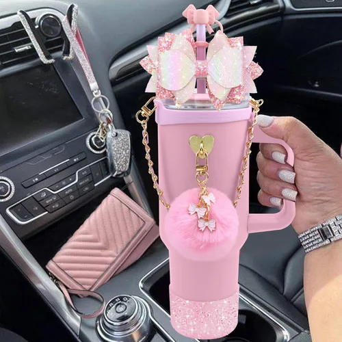 Vista 5 de Accesorios brillantes para vaso Stanley Cup de 40 onzas y 30 onzas, incluye funda de silicona para popote con lazo, bota de silicona para taza