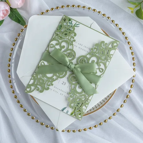 Vista 15 de ponatia 25 tarjetas de invitaciones de boda de 5.12 x 7.1 pulgadas con purpurina plateada cortadas con láser con sobres para tarjetas de invitación