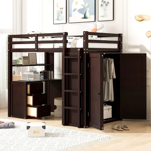 Cama loft multifuncional de tamaño individual con cajones de almacenamiento y escritorio, marco de cama loft de madera con armario y escalera,