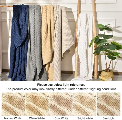 Vista 6 de PHF Manta de tejido gofre de algodón 100% lavado de 400 GSM, acogedora, transpirable y agradable al tacto, tamaño individual para todas las Beige