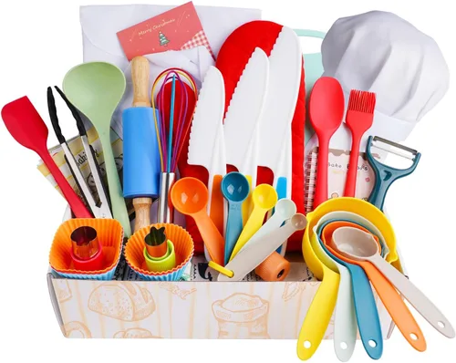 Juego de cocina para niños, utensilios de cocina reales con guía de herramientas de cocina para niños con delantal de chef sombrero y accesorios de