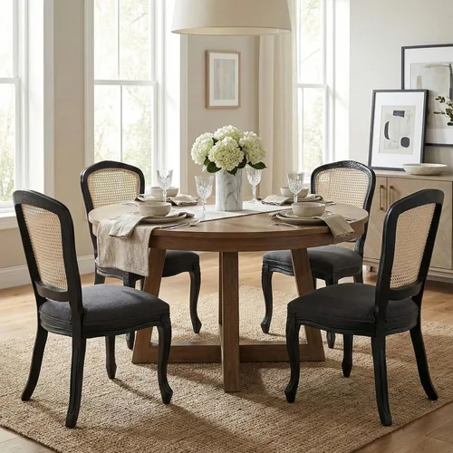 Vista 13 de Juego de 2 sillas de comedor de cuero estilo granja con respaldo redondo de ratán para comedor, sala de estar, restaurante, cocina, color marrón