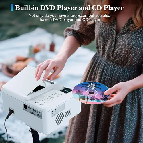 Vista 3 de Proyector de DVD portátil con reproductor de DVD integrado, mini proyector de películas con altavoz integrado, compatible con PC/TV/HDMI/USB/AV