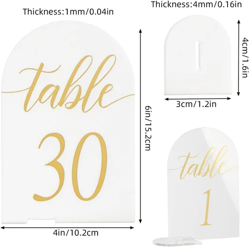 Vista 2 de Letrero acrílico con números de mesa impresos dorados, número de mesa de boda para recepción, hoteles, hojas acrílicas con tarjetero