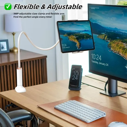 Vista 4 de KI-R Soporte de cama de 38.7 pulgadas con cuello de cisne para tableta y teléfono, soporte de abrazadera flexible ajustable compatible con iPad