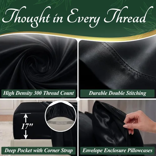 Vista 4 de DECOLURE Juego de sábanas 100% viscosa derivada de bambú, tamaño individual, sábanas de lujo de 4 piezas de enfriamiento natural, juego de cama Negro