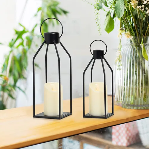 Vista 2 de HPC Decor Lámpara de granja moderna de estilo rústico - Lámpara de vela negra de metal para noche de verano - Lámparas con temporizador y velas