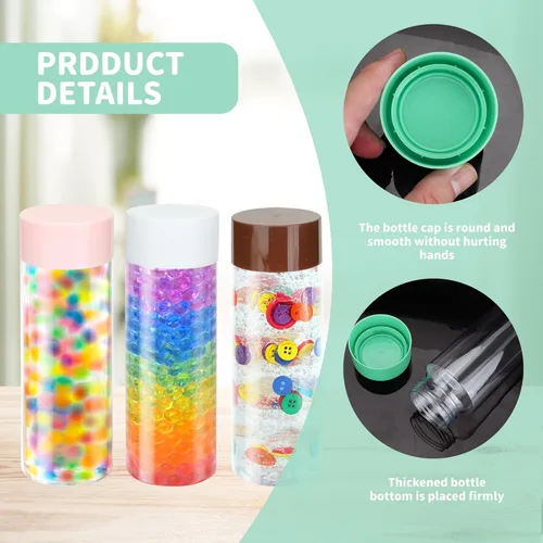 Vista 3 de 16 botellas sensoriales con tapas, botellas de agua de plástico transparente a prueba de fugas de 13.5 onzas, reutilizables, vacías