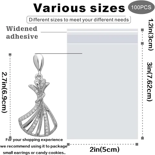 Vista 2 de Bolsas de celofán de 2 x 3 pulgadas, bolsas de celofán transparentes autoadhesivas de plástico resellable, bolsa de plástico de celofán para aretes