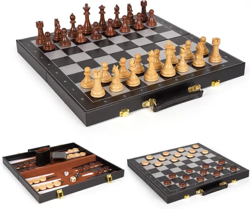 Juego de ajedrez magnético 3 en 1 y juego de mesa de backgammon de damas, tablero de ajedrez plegable de madera de 15 pulgadas, juego de ajedrez