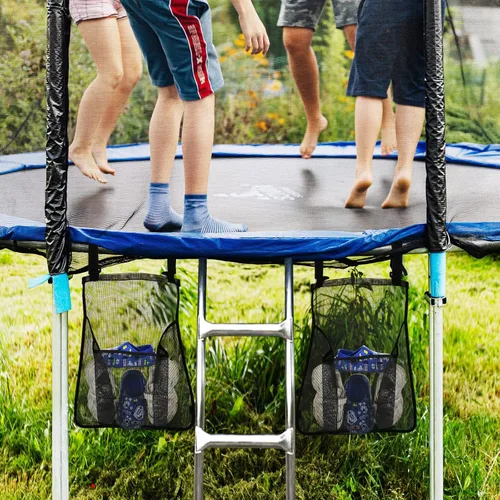 Vista 5 de Bolsa de 2 piezas para zapatos de trampolín, bolsa de malla de almacenamiento de trampolín negro con 2 correas de gancho y bucle, soporte