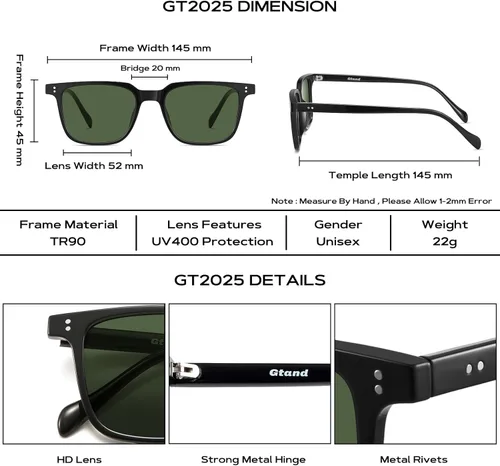 Vista 5 de Gtand Gafas de sol unisex vintage retro estilo cuadrado tintado para hombres mujeres moda rectángulo gafas de sol 2.047 in