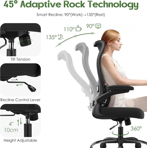 Vista 8 de Silla de oficina ergonómica - Silla de oficina cómoda de malla con respaldo alto con rueda de apoyo lumbar, sillas de oficina para el hogar