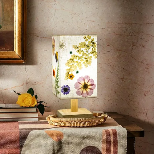 Vista 11 de Lámpara de Mesa de Flores Secas 5W LED 3 Temperaturas de Color Presión Lámpara de Noche Cuadrada con Pantalla de Lino y Base de Madera
