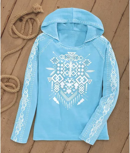 Vista 2 de PGI TRADERS La Honda Sudadera con capucha Diseño del suroeste Manga larga Acento cristalino Sudadera ligera de forro polar Turquesa
