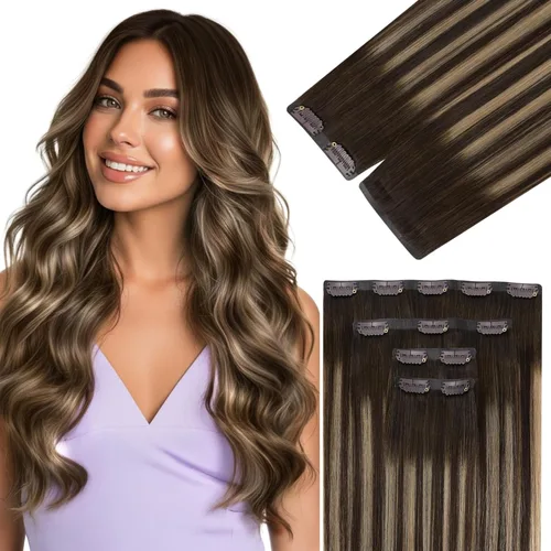 Vista 53 de Ve Sunny Extensiones de cabello humano real con clip balayage, color marrón castaño degradado a rubio, 12 pulgadas, 5 unidades, 2.82 onzas
