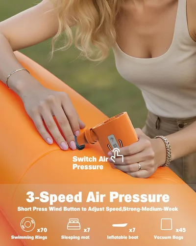Vista 6 de Bomba de aire portátil de 3600 mAh para inflables, mini bomba de inflador eléctrica/recargable con luz de campamento de 3 modos, 6 boquillas, 400