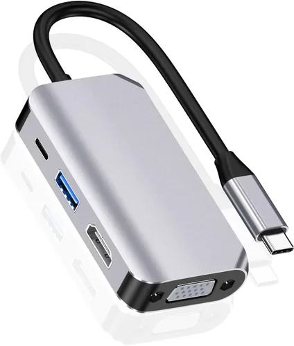 Concentrador adaptador USB C, 4 en 1 USB tipo C a HDMI 4K, VGA, USB3.0 y USB-C PD multipuerto estación de acoplamiento compatible con dispositivos