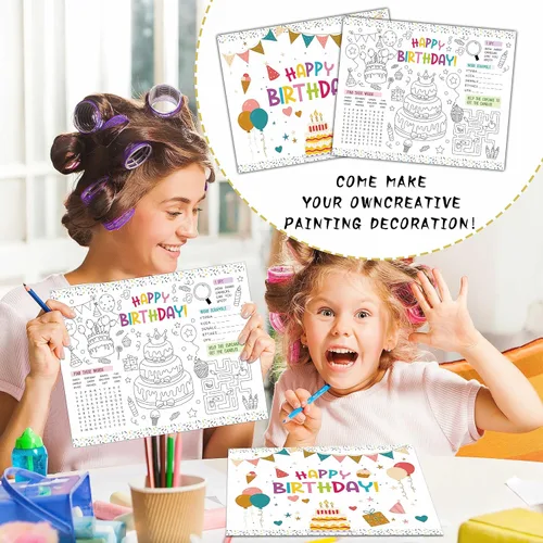 Vista 3 de KFNER Manteles individuales de papel para colorear de cumpleaños, hojas para colorear de fiesta de cumpleaños, actividades de feliz cumpleaños