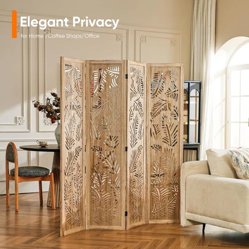 Vista 5 de Divisor de habitación bohemio con tallado de plumas, pantalla de madera calada de 4 paneles, división plegable decorativa para dormitorio