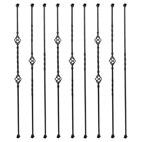 Sidasu Paquete de 9 balaustres cuadrados de hierro de 1/2 pulgada, husillos decorativos huecos de escalera de 44 pulgadas con cesta doble, diseño de