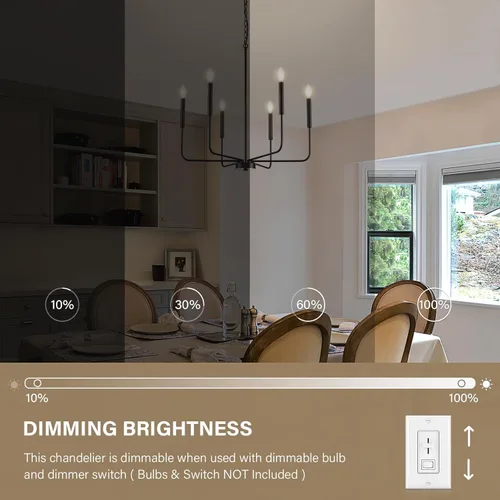 Vista 9 de Candelabro Moderno Negro para Comedor, Accesorios de Iluminación de Cocina de Metal de 6 Luces, Lámpara Colgante de Vela Estilo Granja para Sala