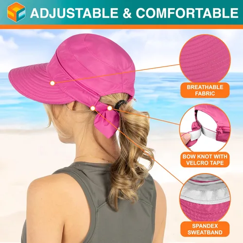 Vista 60 de SUN CUBE Sombrero de sol para mujer para protección UV al aire libre, sombrero de sol de ala ancha, cola de caballo, sombrero de playa convertible