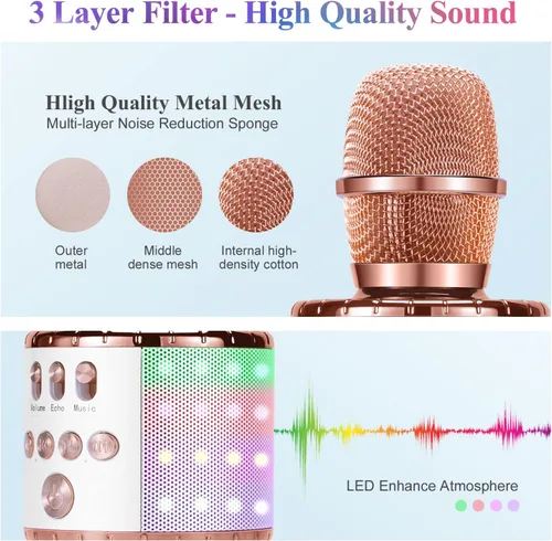 Vista 3 de Micrófono para niños, micrófono inalámbrico Bluetooth Kussla con luces LED, máquina de karaoke para niños, niñas y niños, juguete y regalo para 2