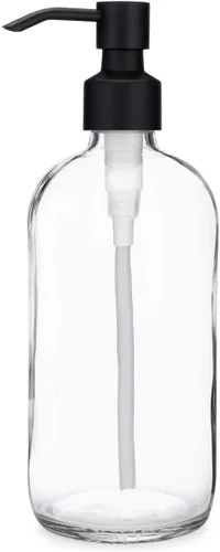 Rail19 Market - Dispensador de jabón de vidrio transparente con bomba de metal, jabón líquido de manos y loción para cocina y baño, 16 onzas (negro