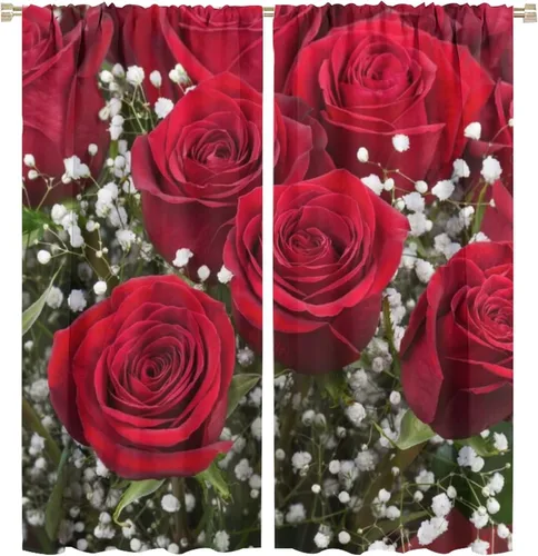Vista 31 de Cortinas opacas con diseño floral de rosas para cocina, retro, rústicas, románticas, con bolsillo para barra, cortinas opacas para dormitorio, sala