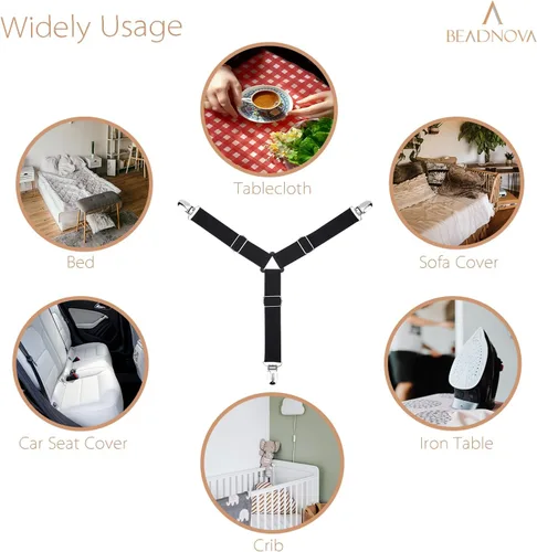 Vista 6 de BEADNOVA Correas para sábanas de cama, 4 piezas triangulares, clips de sábana ajustables, sujetadores de colchón, clips de esquina para cama, funda