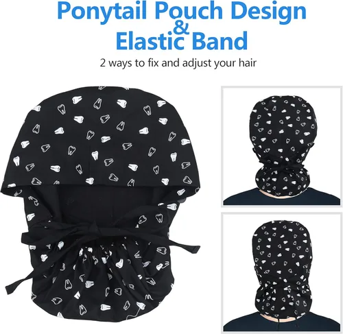 Vista 6 de QBA Gorra de trabajo ajustable con botón, gorro forrado de satén, gorro de trabajo de algodón, banda elástica para atar en la espalda, unisex Pt
