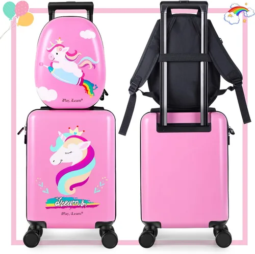 Vista 2 de iPlay iLearn - Juego de equipaje para niñas con diseño de unicornio maleta de mano rosada con 4 ruedas y morral para niñas