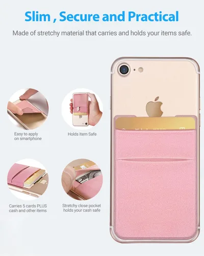 Vista 4 de OBVIS Paquete de 2 fundas adhesivas para teléfono celular con doble bolsillo para tarjetas, bolsa de doble bolsillo para iPhone y teléfono