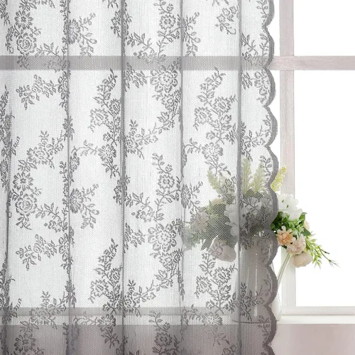 Vista 2 de Lotusolution Cortinas traslúcidas de encaje gris para dormitorio, 55 x 54 pulgadas, paneles de cortina de encaje con rosas florales francesas