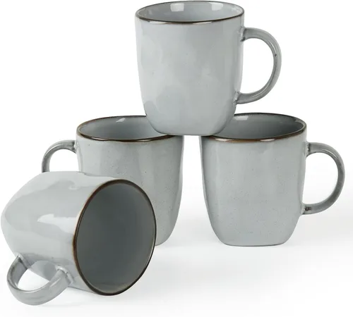 Juego de 4 tazas de café Famiware, Ocean Square de 13 oz con asa para cacao, leche, chocolate caliente, té, agua, tazas de gres para la cocina,