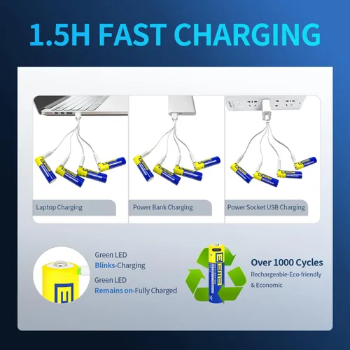 Vista 3 de EEMB Paquete de 12 baterías AA recargables AA de 1.5 V, baterías de litio AA USB 4 en 1 USB tipo C, batería de repuesto de cable de carga de 2600