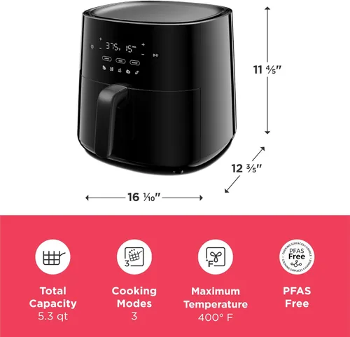 Vista 3 de Frigidaire Freidora de aire 3 en 1, capacidad grande de 5.3 cuartos de galón, pantalla digital, 3 modos de cocción, 5 preajustes de recetas