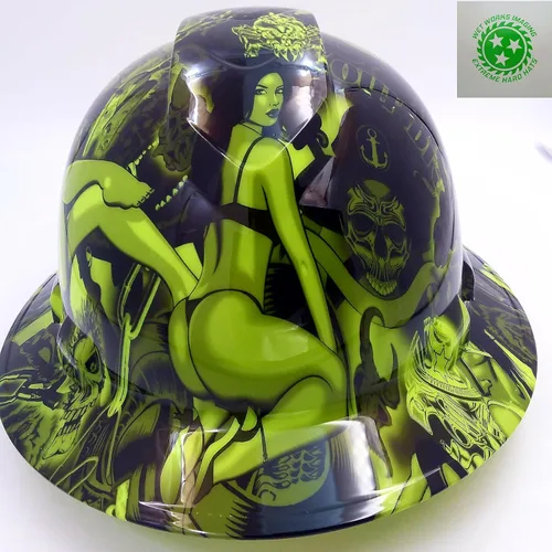 Vista 2 de Wet Works Imaging Personalizado Pyramex Full Brim Green Biker Babes Hard Hat con suspensión de trinquete