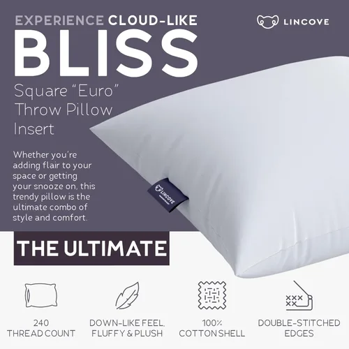 Vista 2 de Lincove Euro - Almohada cuadrada de 12 x 12 pulgadas, fabricada en Canadá, funda 100% algodón, relleno alternativo al plumón, apto para veganos