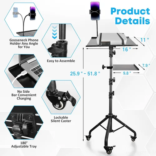 Vista 5 de Soporte portátil para laptop y proyector con soporte para teléfono y bandeja para mouse, soporte de trípode de altura ajustable para laptop