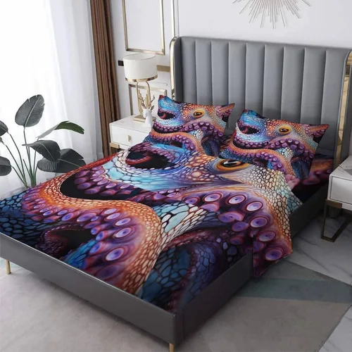 Juego de sábanas de pulpo tamaño individual, sábanas de microfibra suave y bolsillo profundo, sábanas y fundas de almohada estampadas sin arrugas, 3