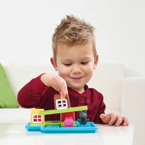 Vista 2 de SmartGames Three Little Piggies – Juego de rompecabezas lógico para preescolar con 48 desafíos y libro de cuentos – Rompecabezas educativo de cuento