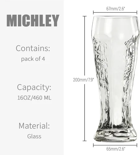 Vista 4 de MICHELY Beer Glasses Set of 4,Quality Glass Mugs with Elegant Design for Various Occasions
