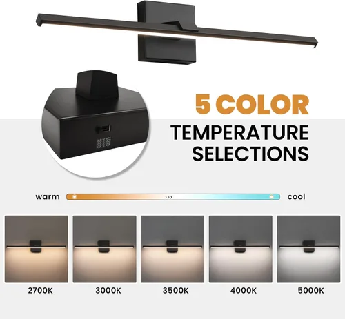 Vista 3 de Lámpara de Tocador de Baño Negra - Lámpara de Baño Moderna de 24 Pulgadas Sobre Espejo 18W 5CCT LED Regulable Barra de Luz de Tocador