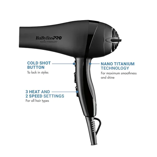 Vista 3 de BaBylissPRO Nano Titanium 2000-Watt Blow Dryer with Concentrator Nozzle, Professional Grade Ionic Corded Styling Tool for Hair
