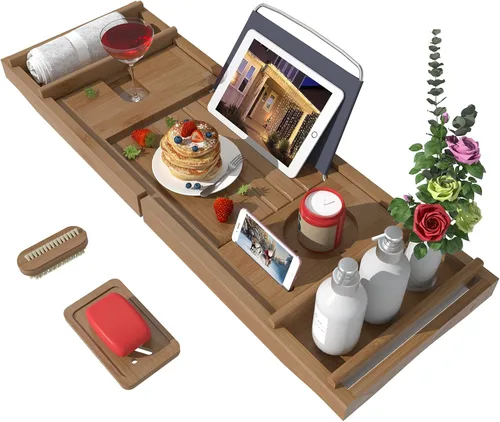Vista 12 de Bandeja de baño para tina, bandeja organizadora ajustable de bambú con jabonera, ideal para spa de lujo o lectura (negro)