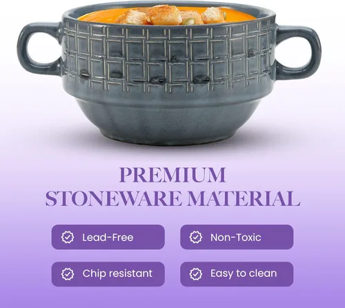 Vista 3 de American Atelier Juego de 4 cuencos de sopa de cebolla francesa de 16 onzas con asas, cuencos de cerámica esmaltada para sopa, chile, pasta